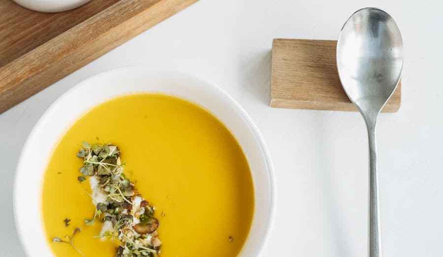 overhead view of soup in a bowl